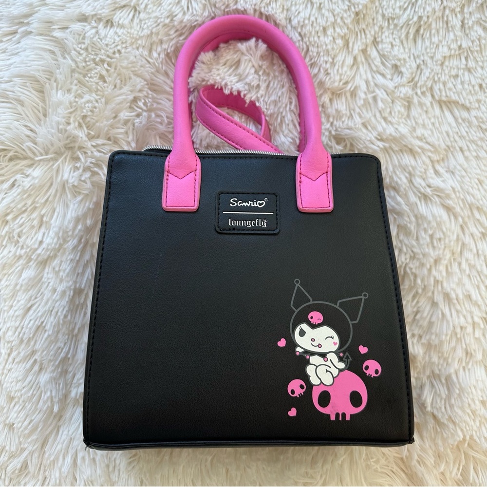 LOUNGEFLY Sanrio Kuromi Black Pink Crossbody Tote Bag Skull Hearts Kawaii